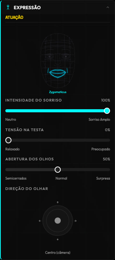 Painel de expressão configurado: Sorriso amplo